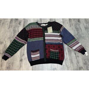 Northern Isles Sweater Cardigan Womens Large Fair Isle Patchwork Pockets 90s NEW